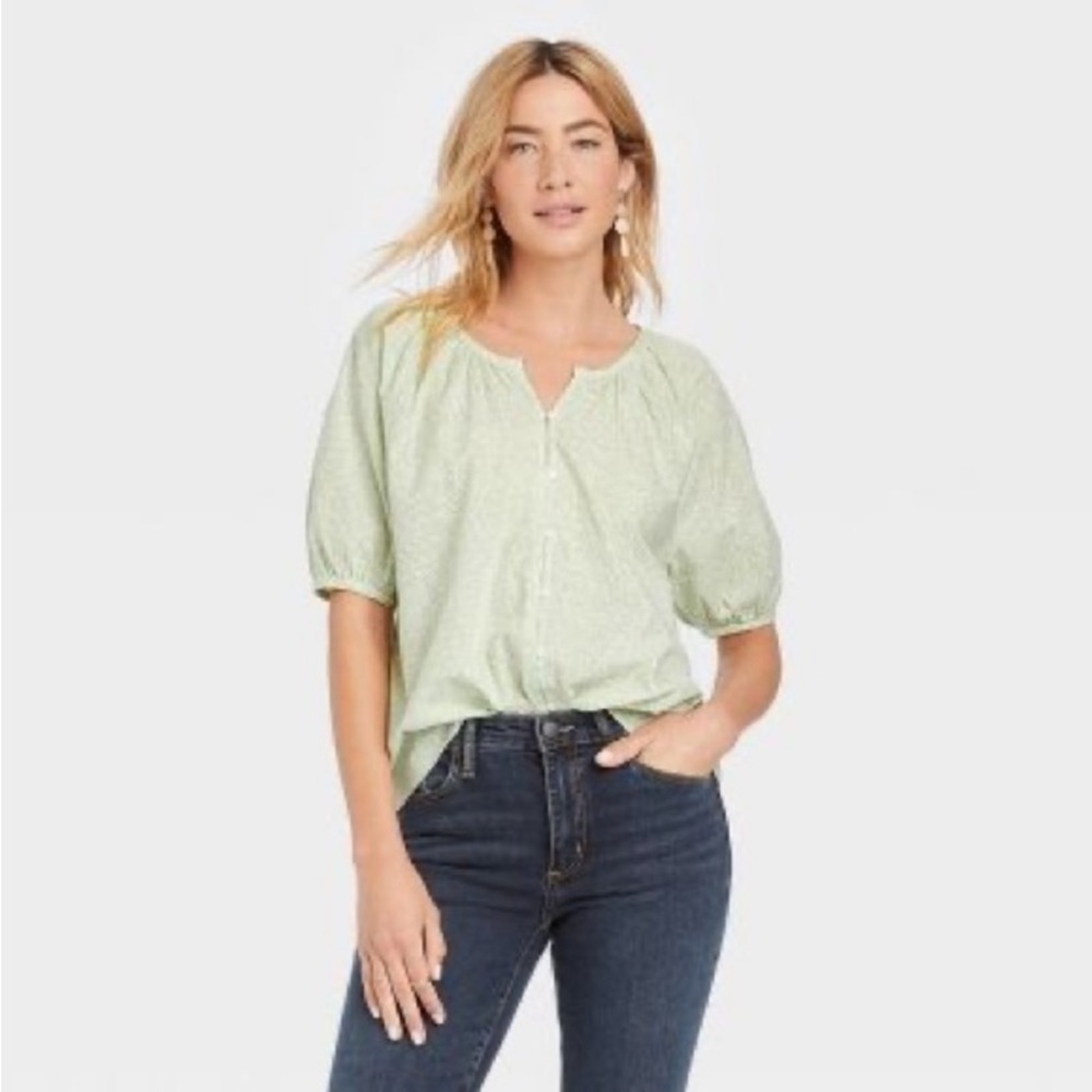 Green Floral Blouse Womens XXL Short
Puff Sleeves Button Front Universal…
